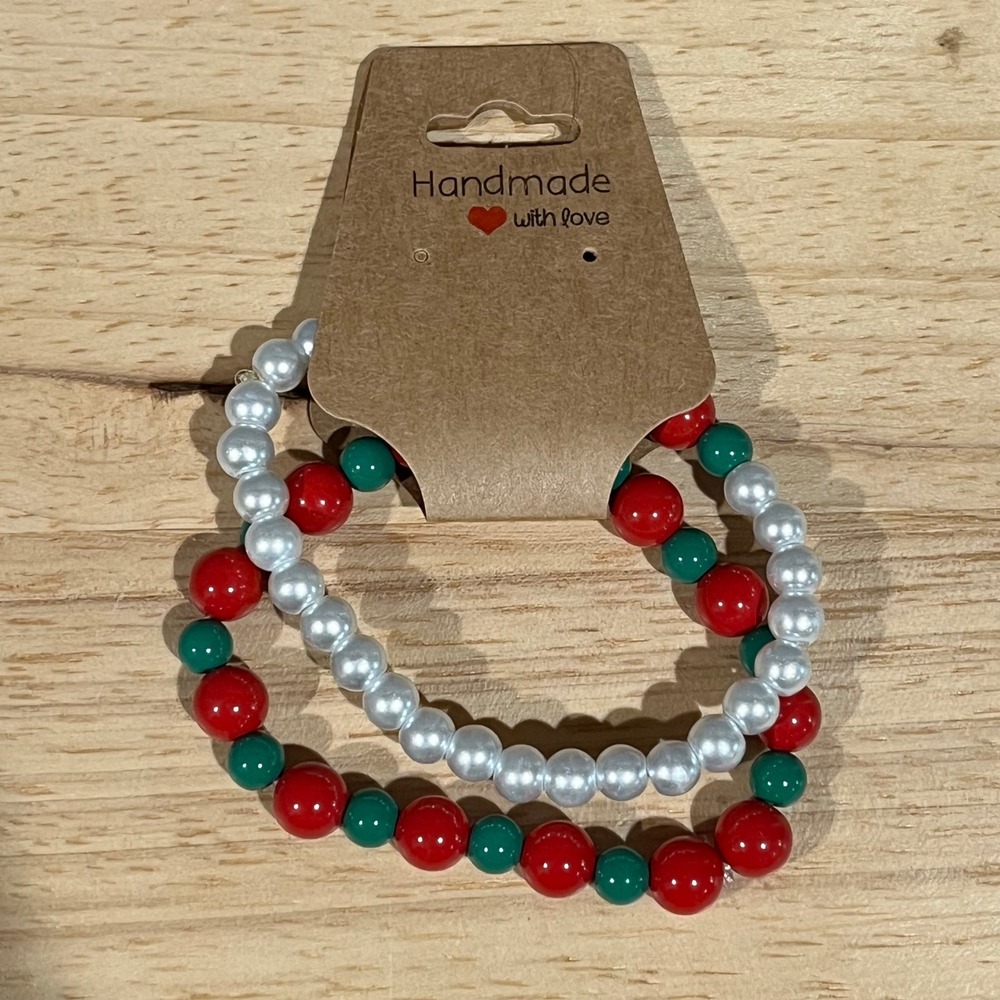 Handmade Stretch Bracelet Set Women OS Red Green White Pearl Christmas Holiday